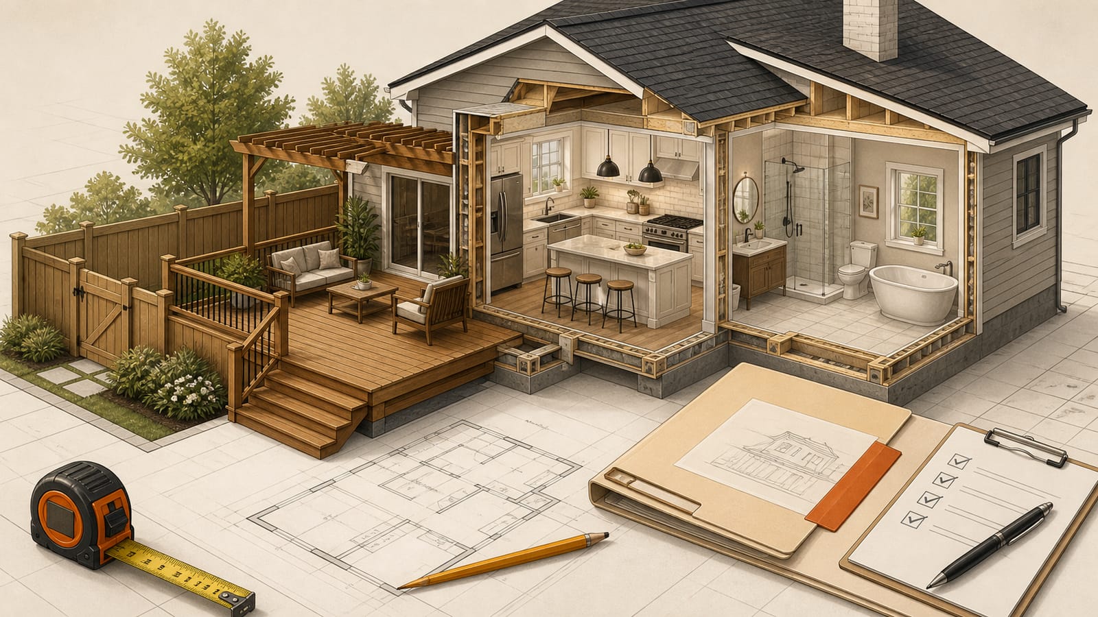 Architectural cutaway illustration of a deck, fence, kitchen, and bathroom beside renovation plans