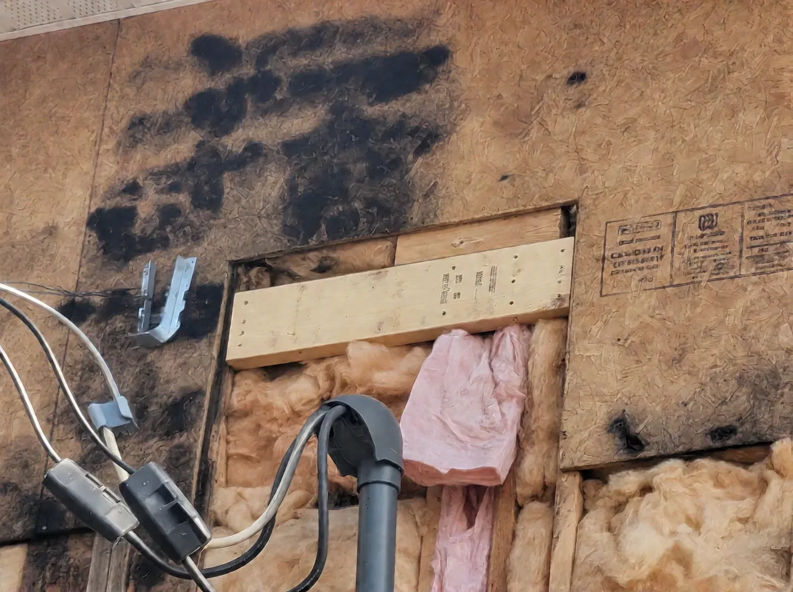 Dark water staining across old OSB wall sheathing, with a section cut open to show wood framing and fibreglass batt insulation inside the wall