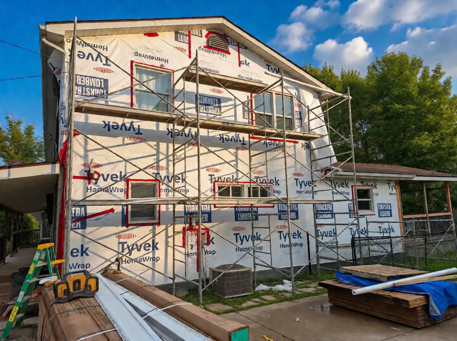 Rear of a two-storey home wrapped in white housewrap with red tape sealing the seams and the edges of each window opening, with scaffolding in front
