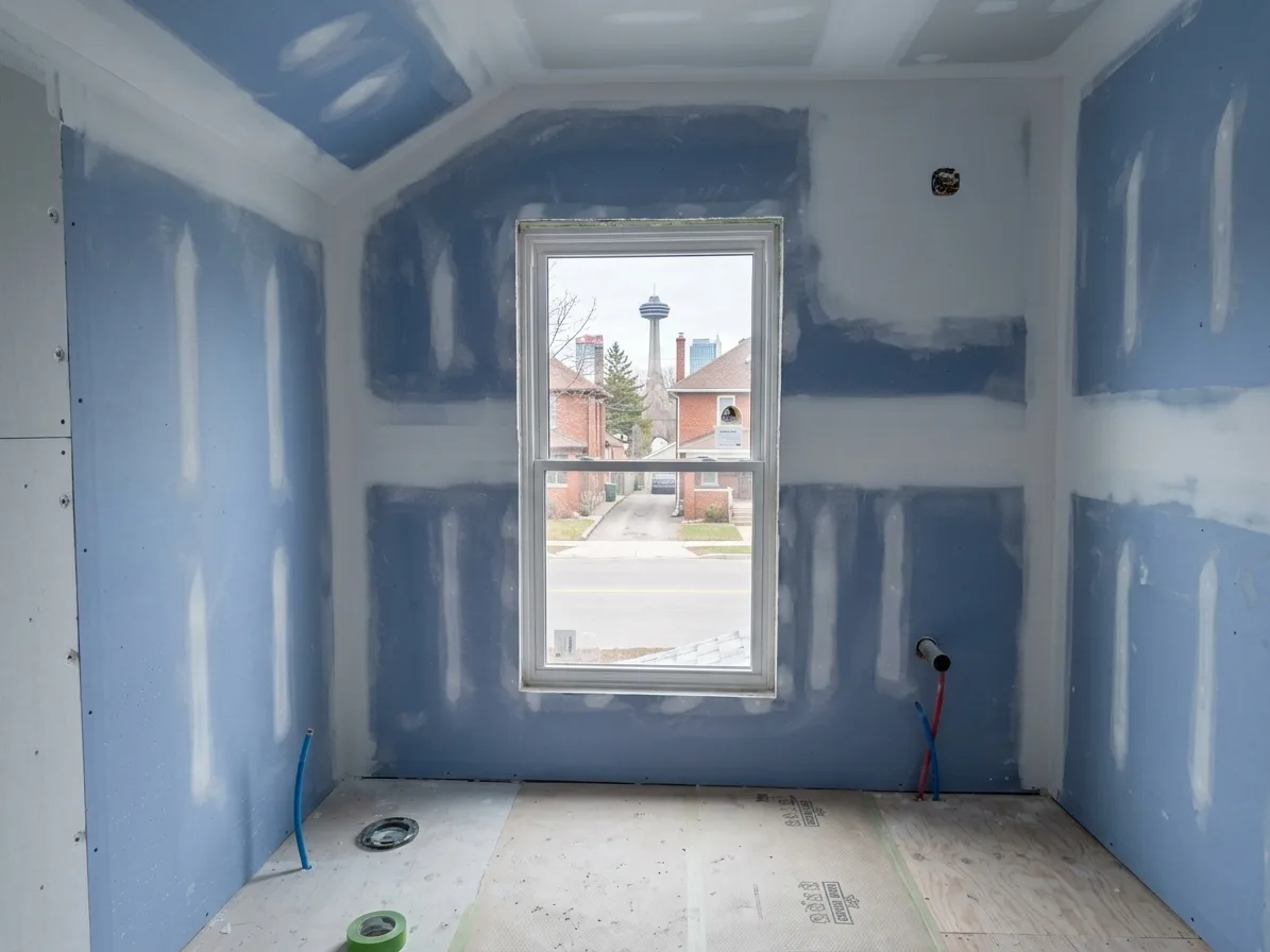Bedroom bathroom renovation — drywall stage