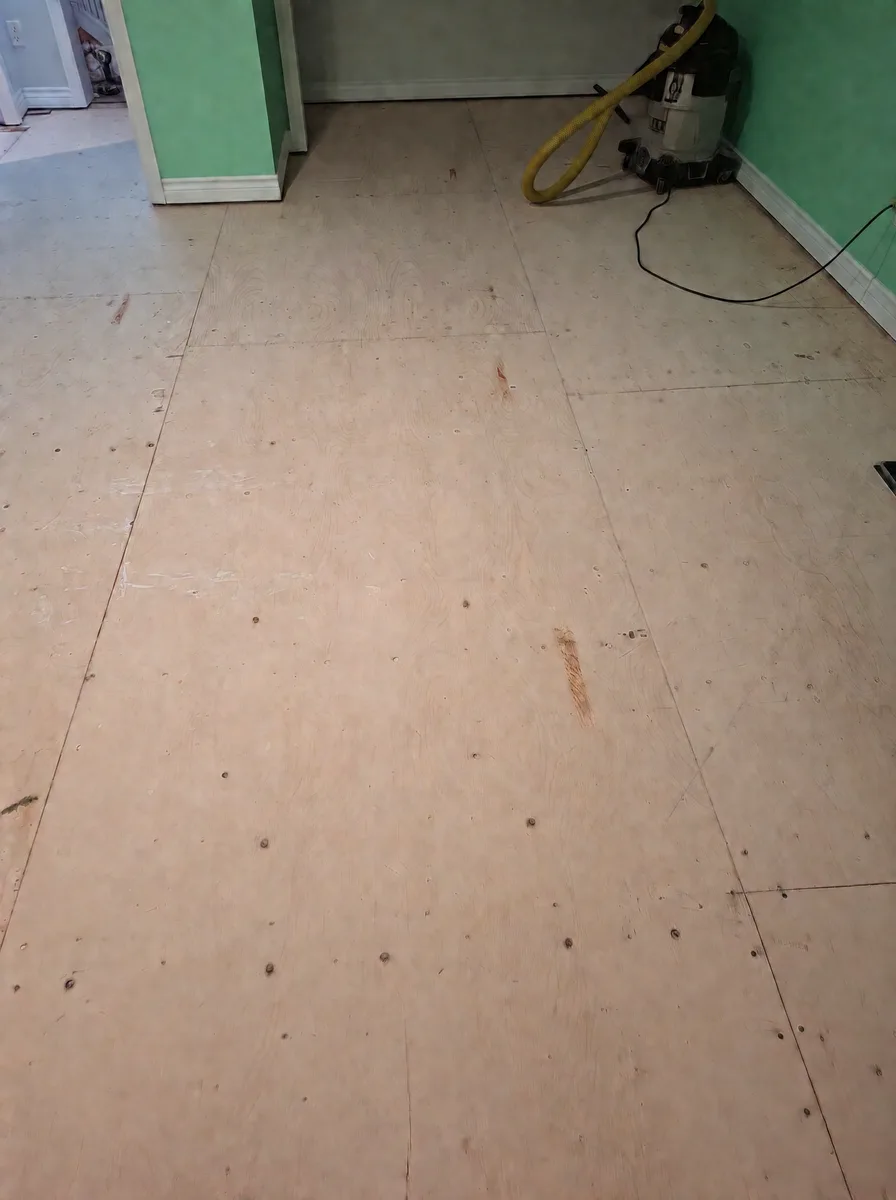 Plywood subfloor in a mint-green bedroom with a shop vacuum in the corner