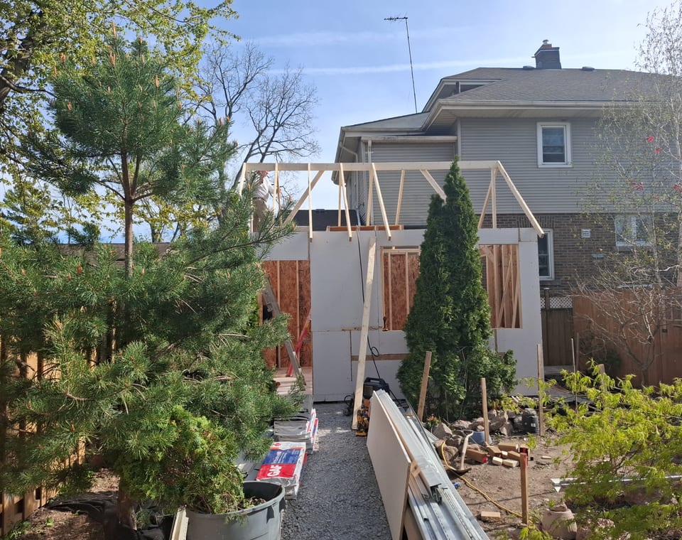 Backyard shed siding installation