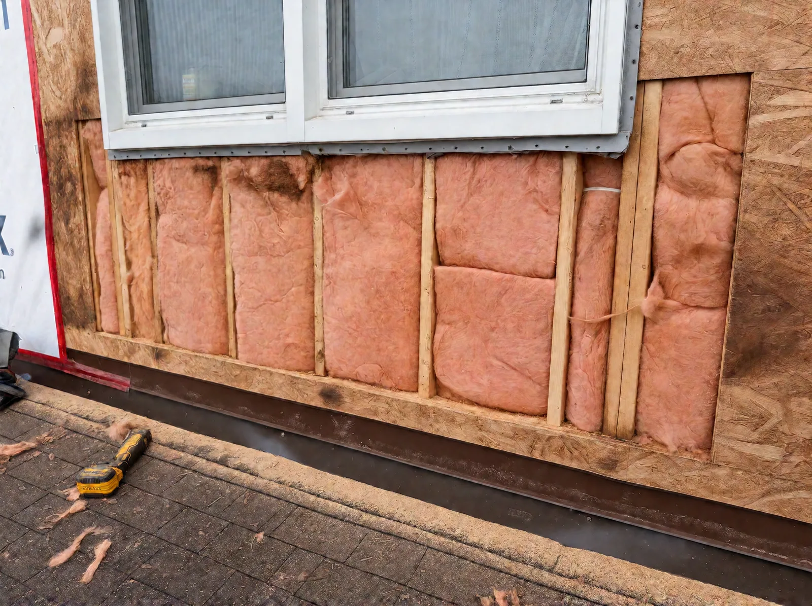 Sheathing removed under a window, exposing wall studs and pink fibreglass batt insulation