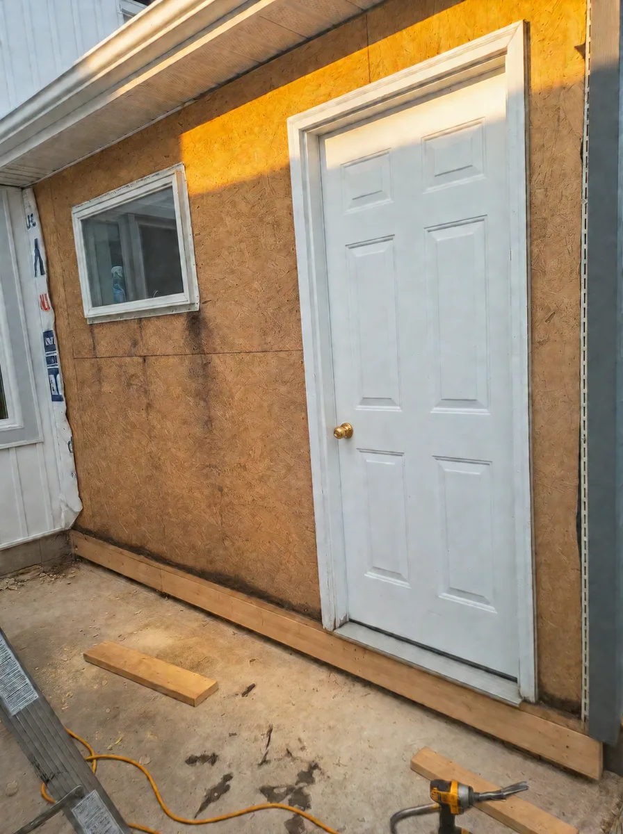 Side entry wall in OSB sheathing with a new wood board fitted along the base