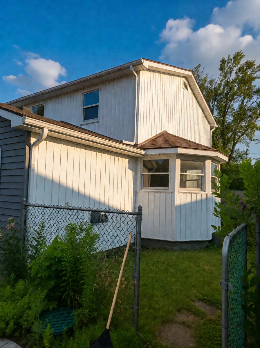 Rear corner and bay window finished in white vertical siding