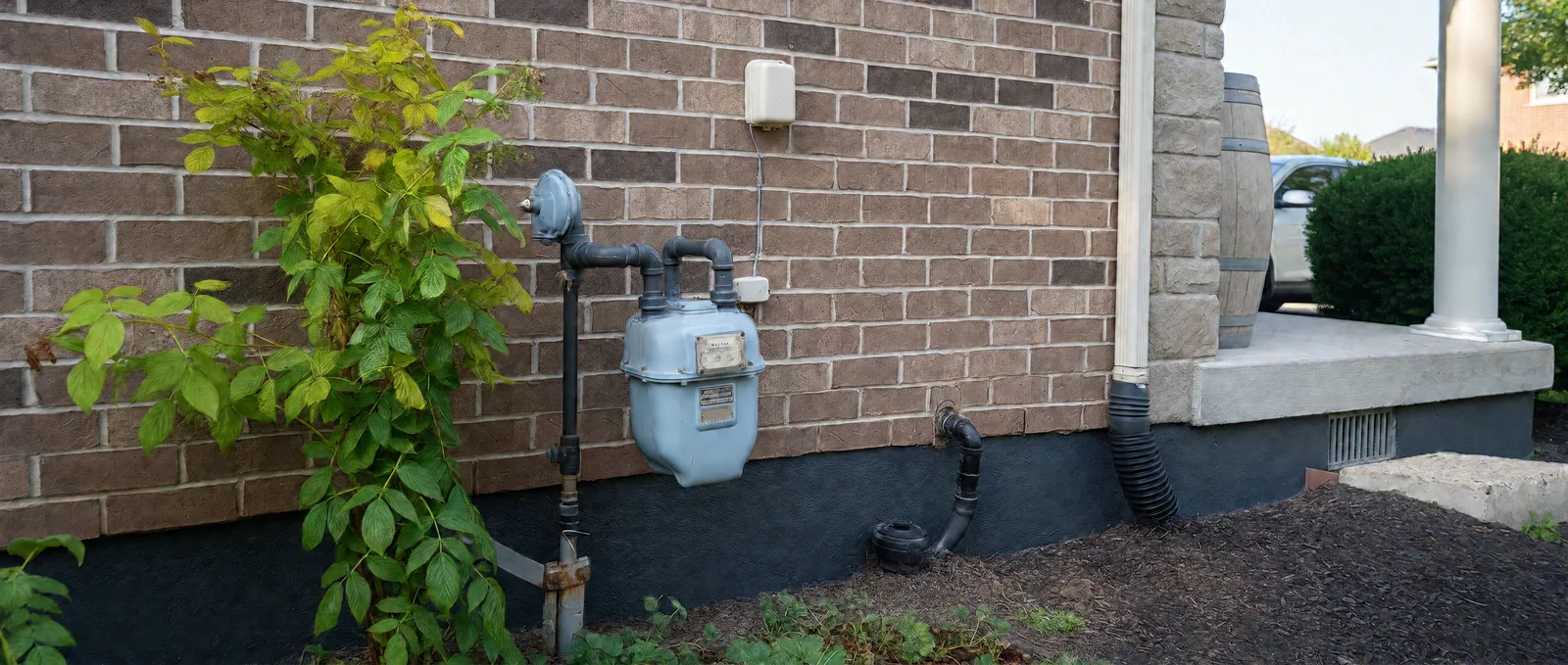 Finished charcoal foundation band below a brick wall, running beneath the gas meter and around pipes toward the porch base