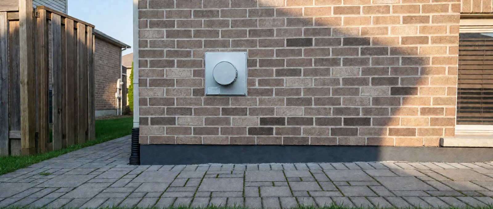 Charcoal-coated foundation below a brick wall with a round exhaust vent, bordered by an uncovered paver walkway